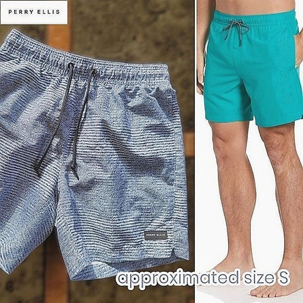 Perry Ellis Printed Swim Shorts abstract blue on white stripe